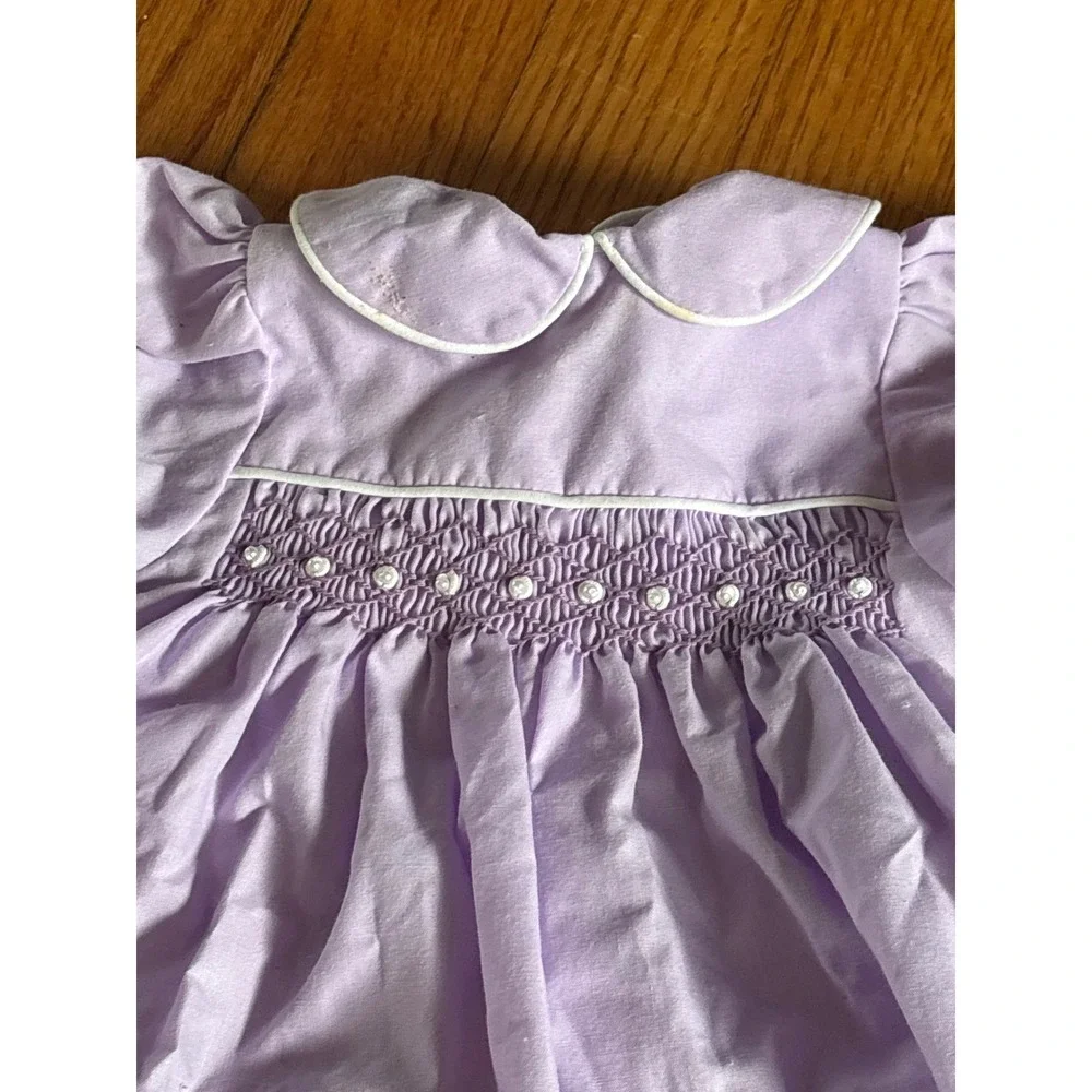 Vintage Lavender Smocked Bubble‎ Romper Peter Pan Collar Eyelet Lace Trim Purple